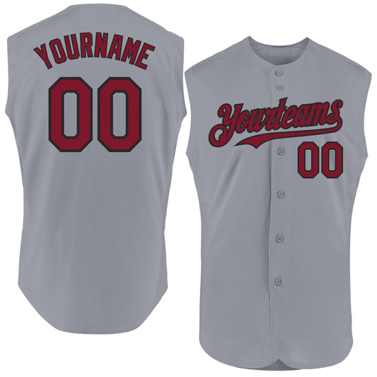 Custom Gray Crimson-Black Authentic Sleeveless Baseball Jersey - Main View