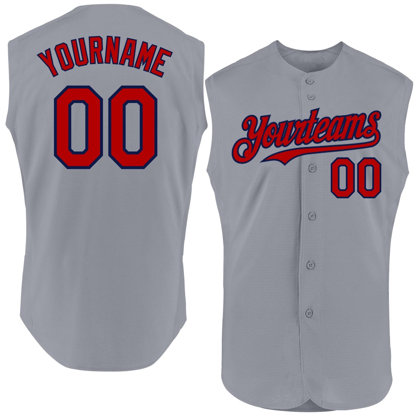 Custom Gray Red-Navy Authentic Sleeveless Baseball Jersey - Main View