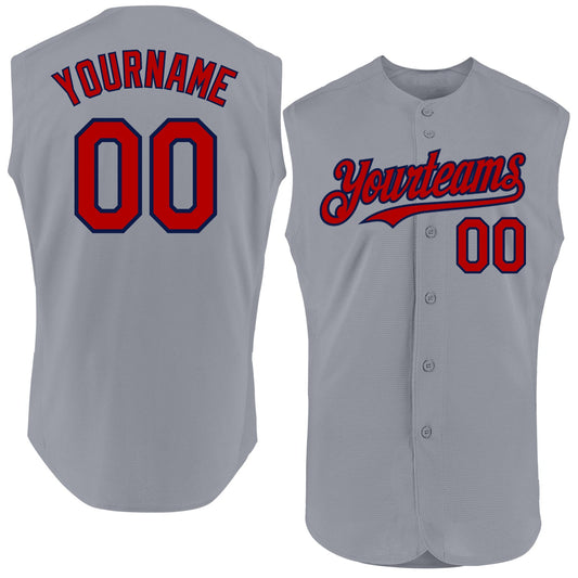 Custom Gray Red-Navy Authentic Sleeveless Baseball Jersey - Main View
