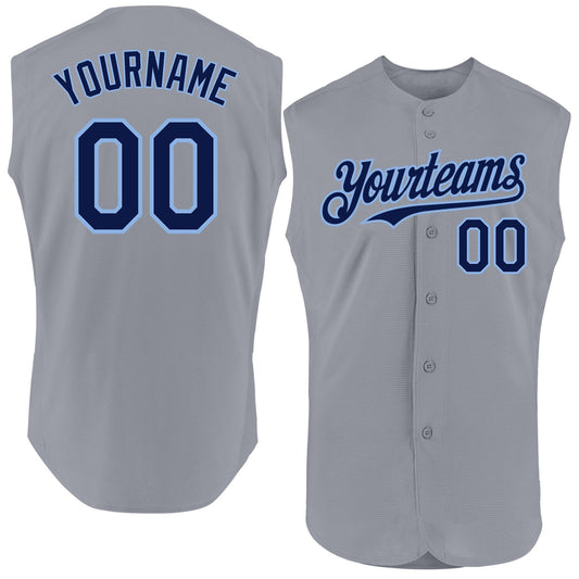 Custom Gray Navy-Light Blue Authentic Sleeveless Baseball Jersey - Main View