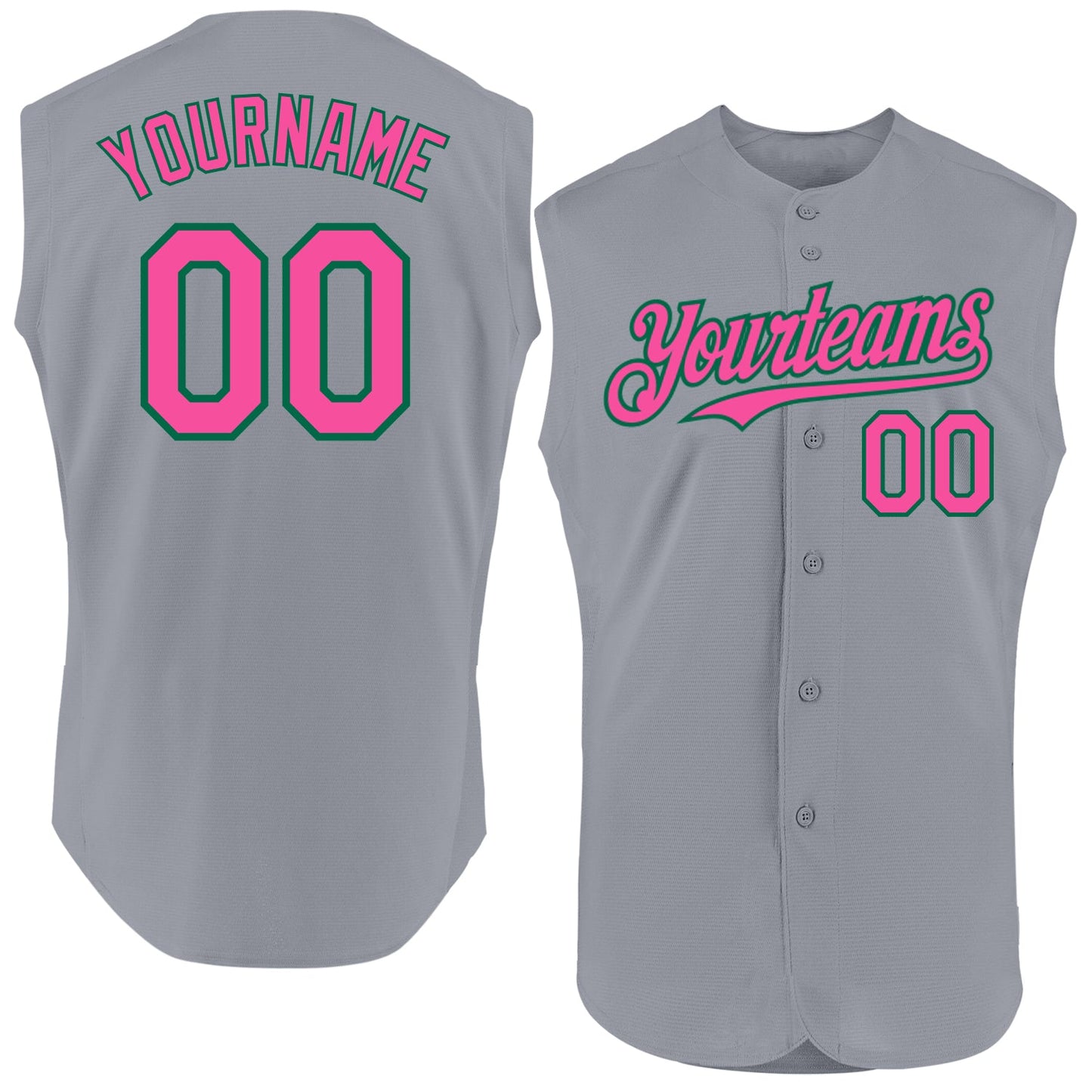 Custom Gray Pink-Kelly Green Authentic Sleeveless Baseball Jersey - Main View