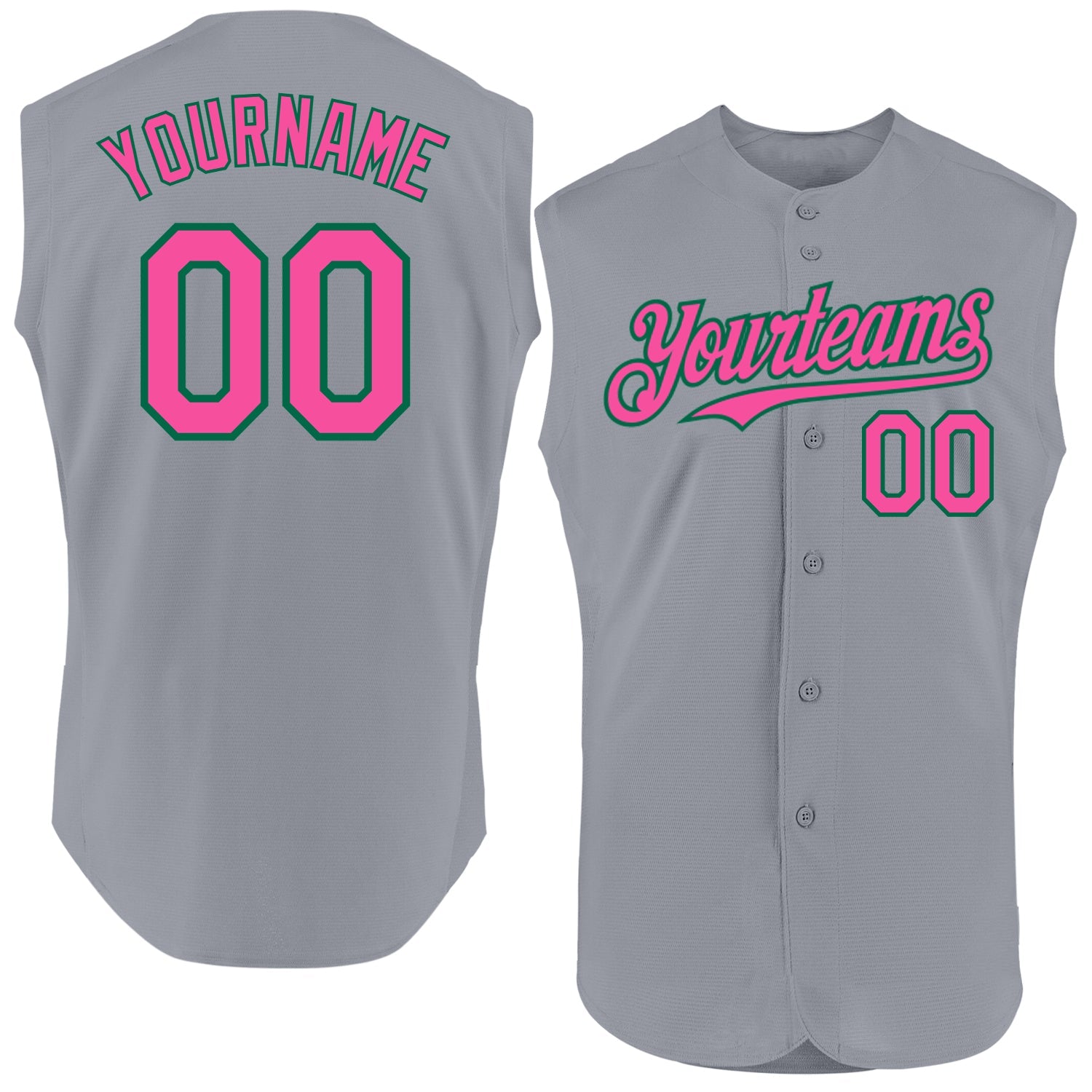 Custom Gray Pink-Kelly Green Authentic Sleeveless Baseball Jersey - Main View