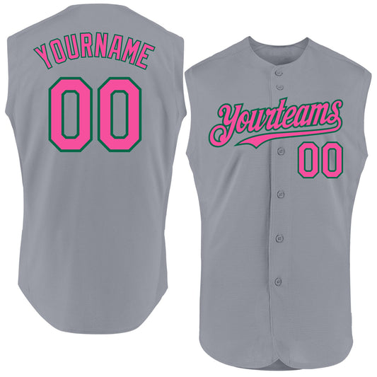 Custom Gray Pink-Kelly Green Authentic Sleeveless Baseball Jersey - Main View