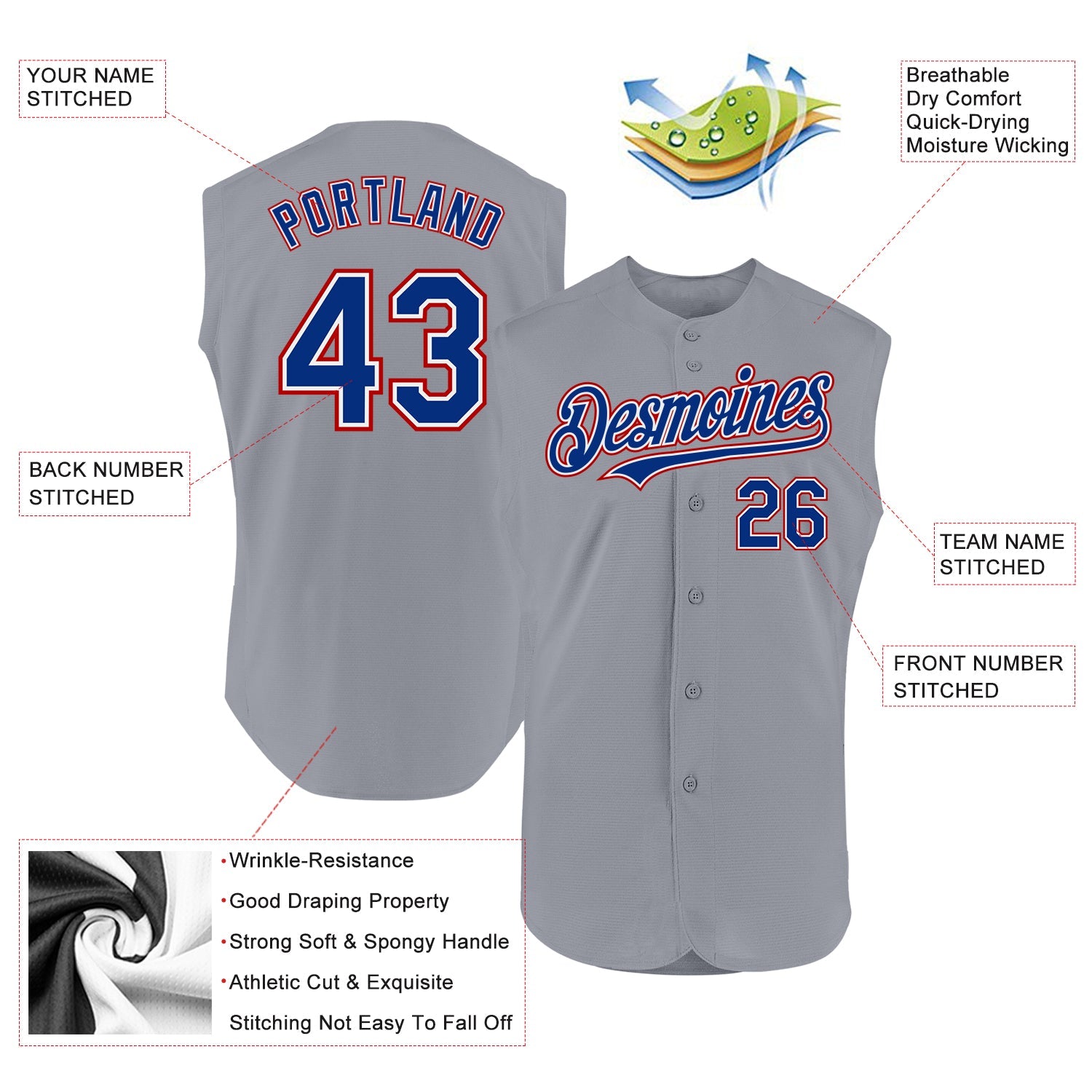 Custom Gray Royal-Red Authentic Sleeveless Baseball Jersey view 2