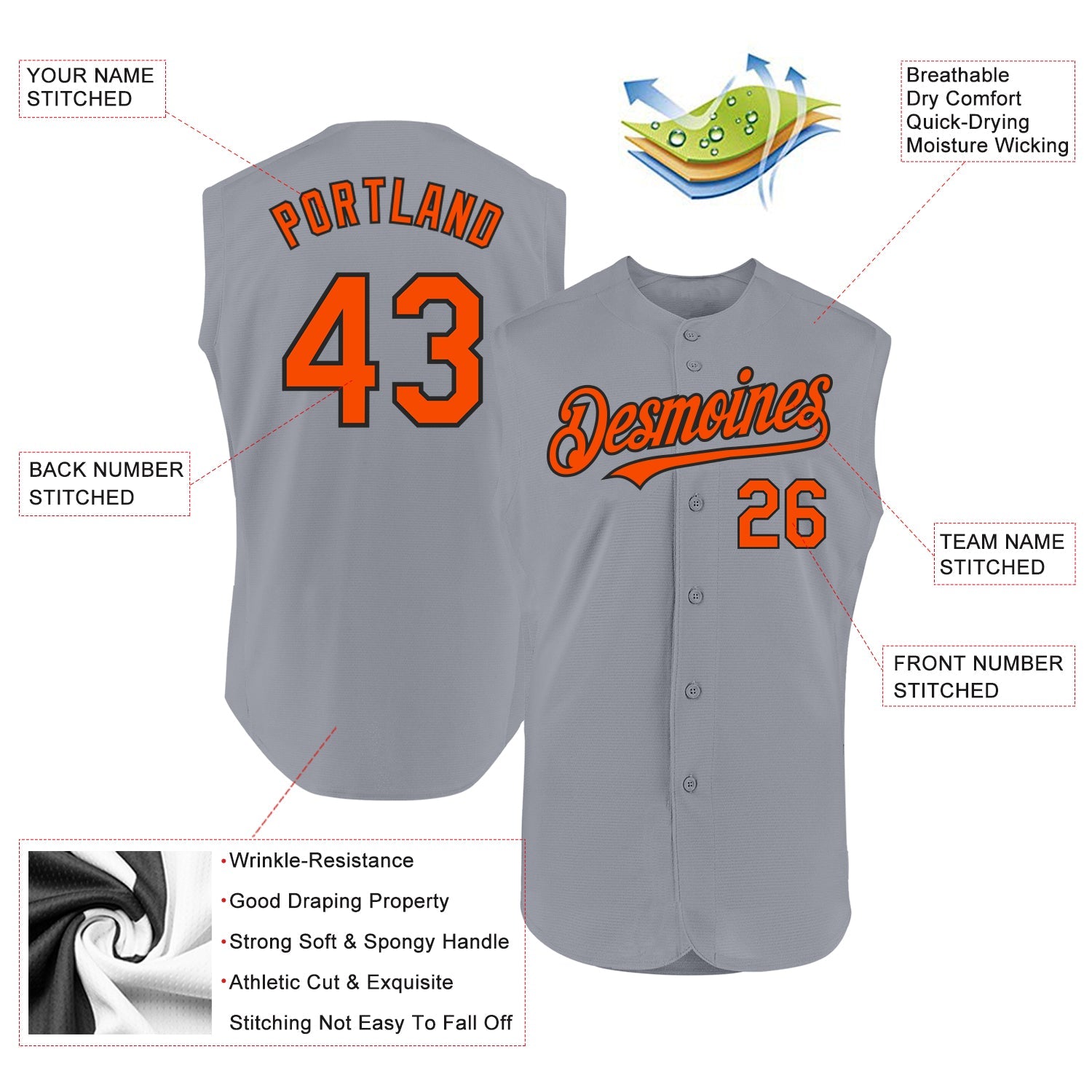 Custom Gray Orange-Black Authentic Sleeveless Baseball Jersey view 2