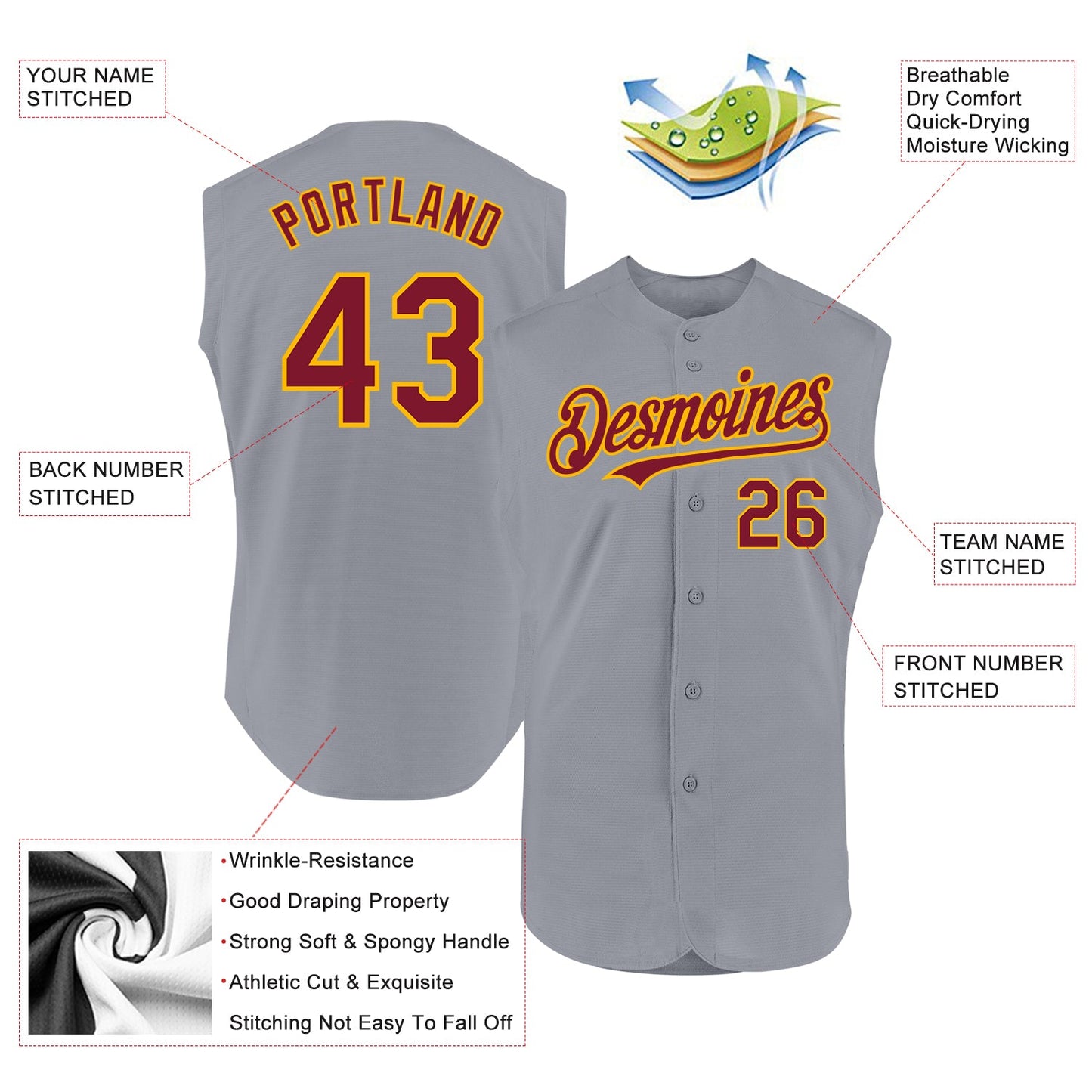 Custom Gray Crimson-Gold Authentic Sleeveless Baseball Jersey view 2