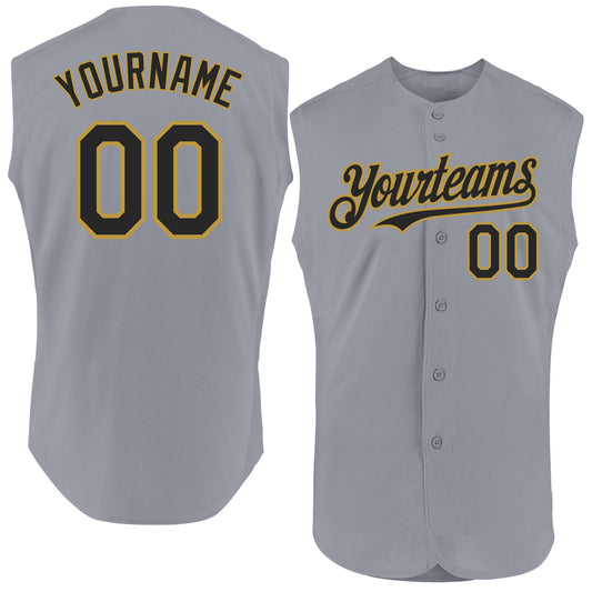Custom Gray Black-Old Gold Authentic Sleeveless Baseball Jersey - Main View