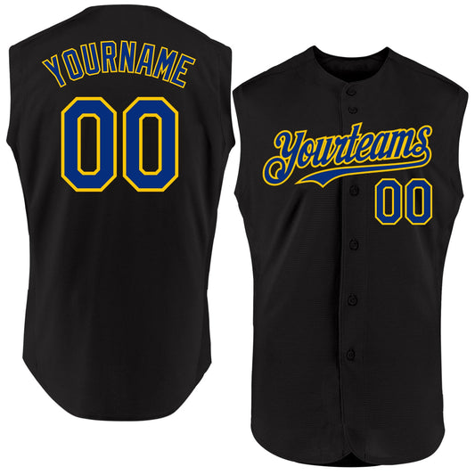 Custom Black Royal-Yellow Authentic Sleeveless Baseball Jersey - Main View