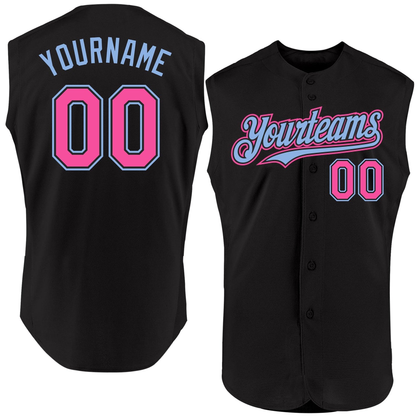 Custom Black Pink-Light Blue Authentic Sleeveless Baseball Jersey - Main View