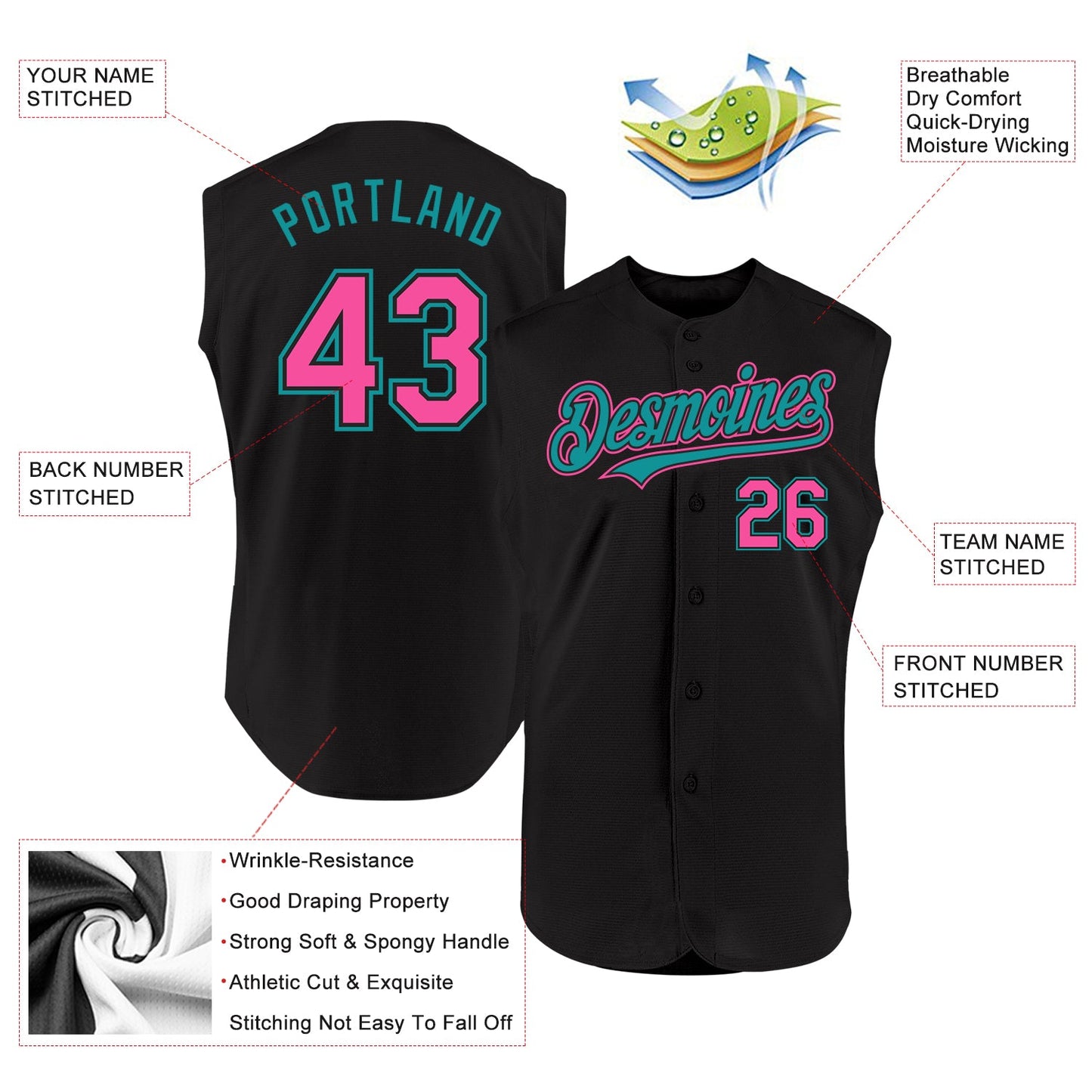 Custom Black Pink-Teal Authentic Sleeveless Baseball Jersey view 2