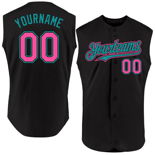 Custom Black Pink-Teal Authentic Sleeveless Baseball Jersey - Main View