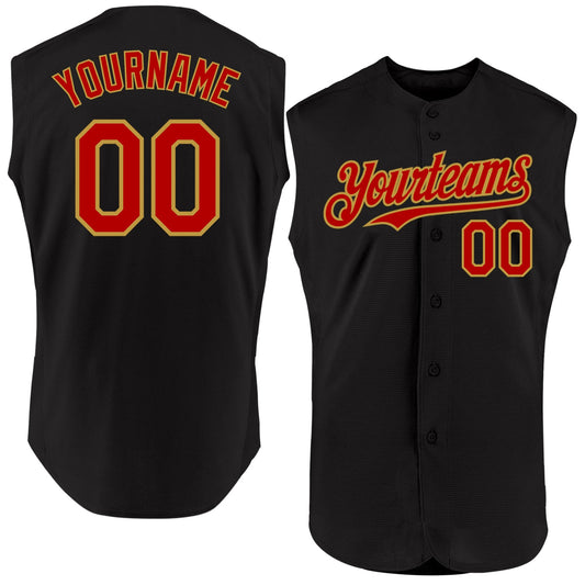 Custom Black Red-Old Gold Authentic Sleeveless Baseball Jersey - Main View