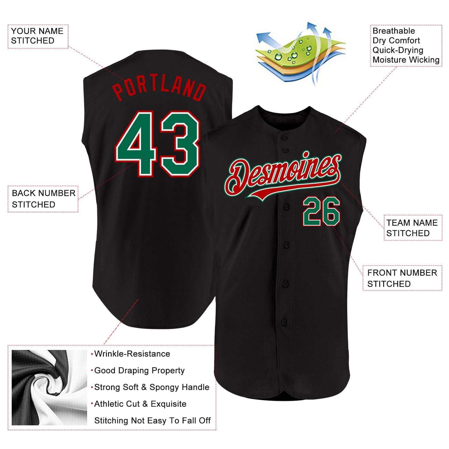 Custom Black Kelly Green-Red Authentic Sleeveless Baseball Jersey view 2