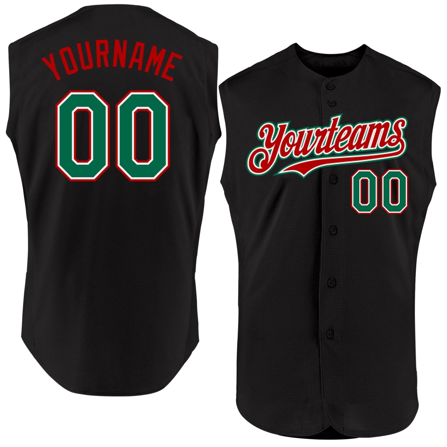 Custom Black Kelly Green-Red Authentic Sleeveless Baseball Jersey - Main View