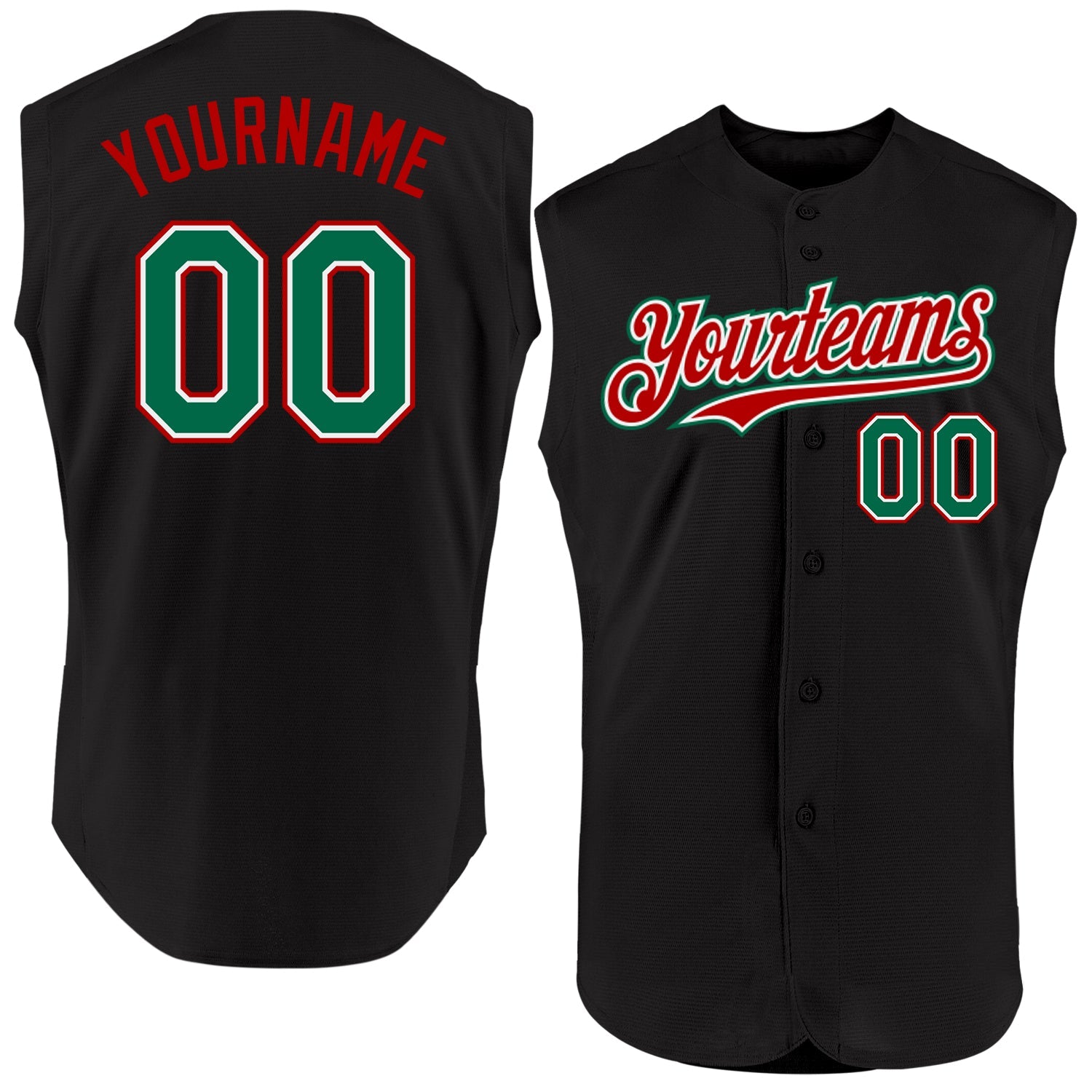 Custom Black Kelly Green-Red Authentic Sleeveless Baseball Jersey - Main View