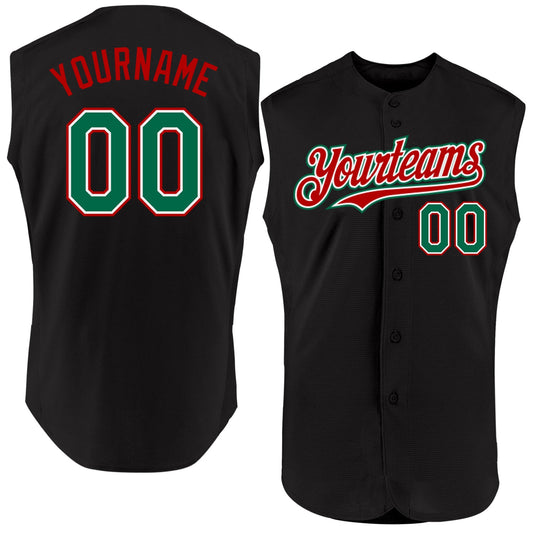 Custom Black Kelly Green-Red Authentic Sleeveless Baseball Jersey - Main View