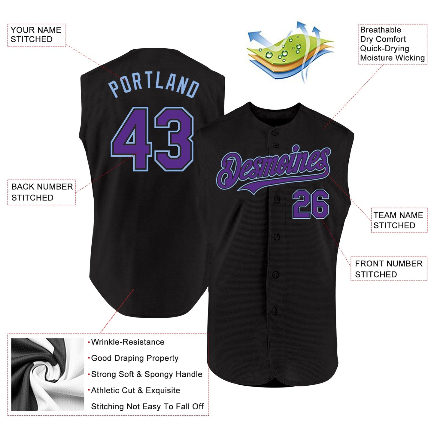 Custom Black Purple-Light Blue Authentic Sleeveless Baseball Jersey view 2