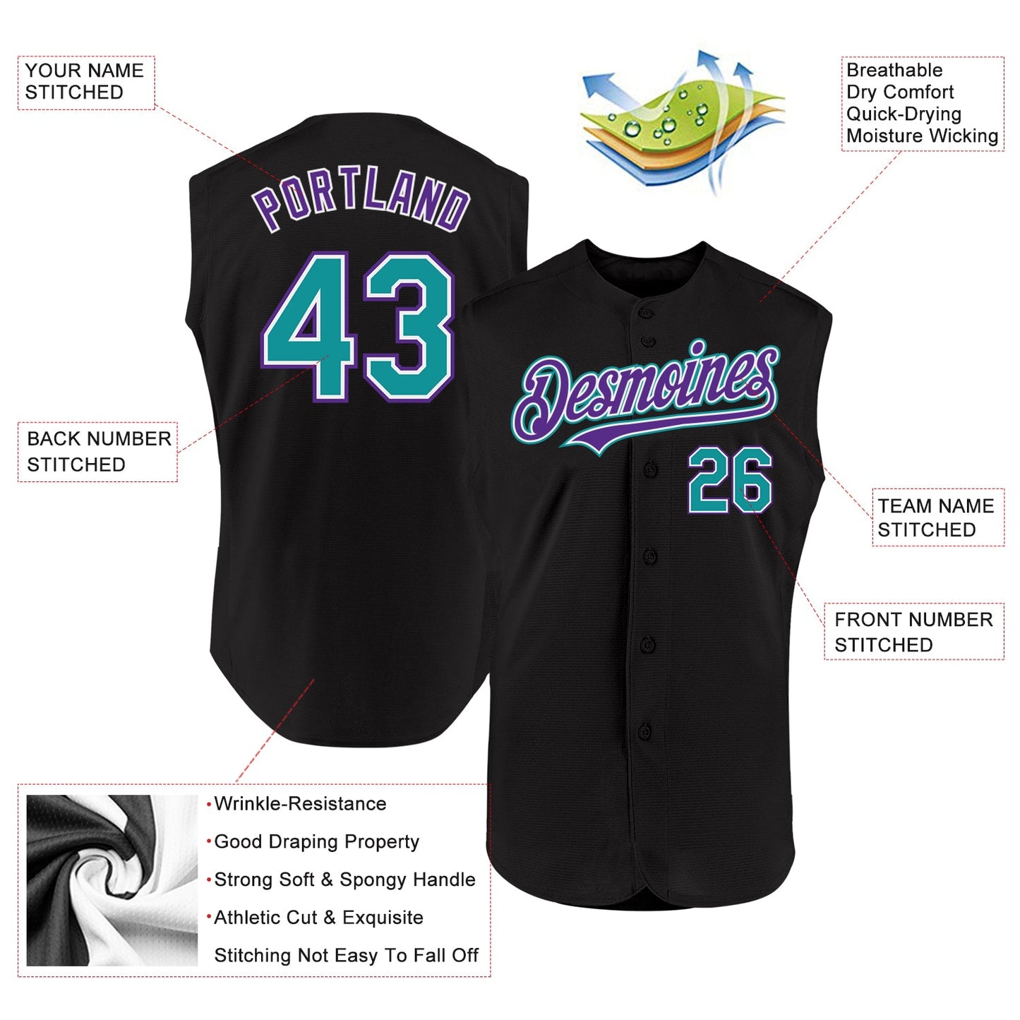 Custom Black Teal-Purple Authentic Sleeveless Baseball Jersey view 2