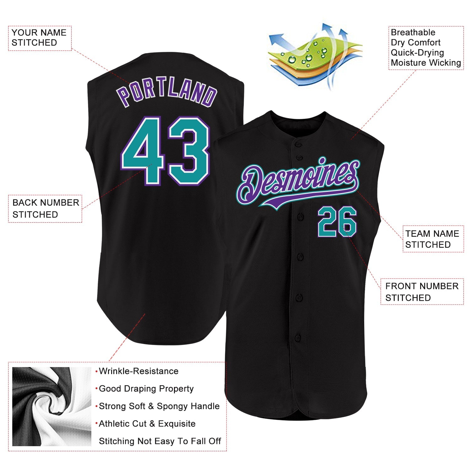 Custom Black Teal-Purple Authentic Sleeveless Baseball Jersey view 2