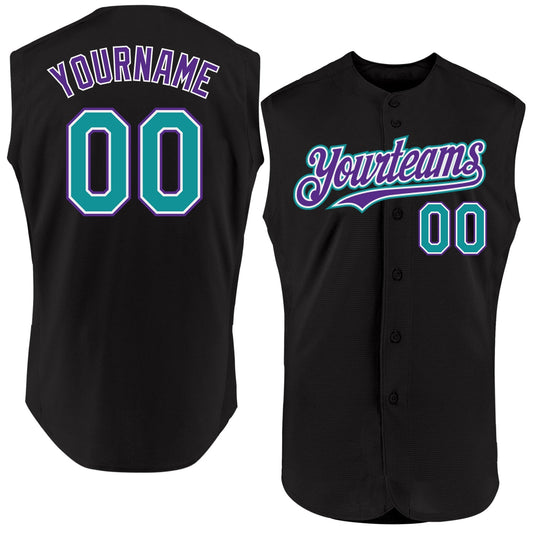Custom Black Teal-Purple Authentic Sleeveless Baseball Jersey - Main View