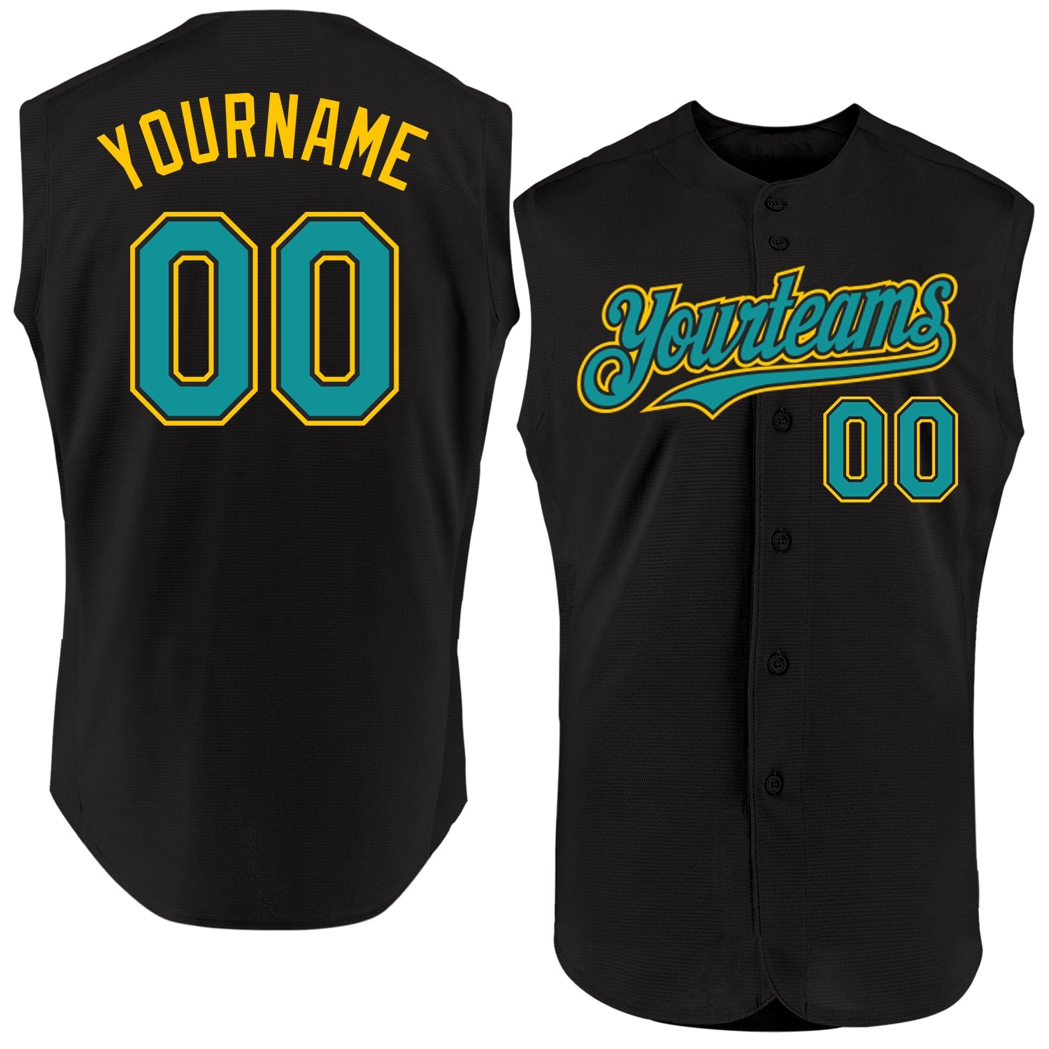 Custom Black Teal-Yellow Authentic Sleeveless Baseball Jersey - Main View