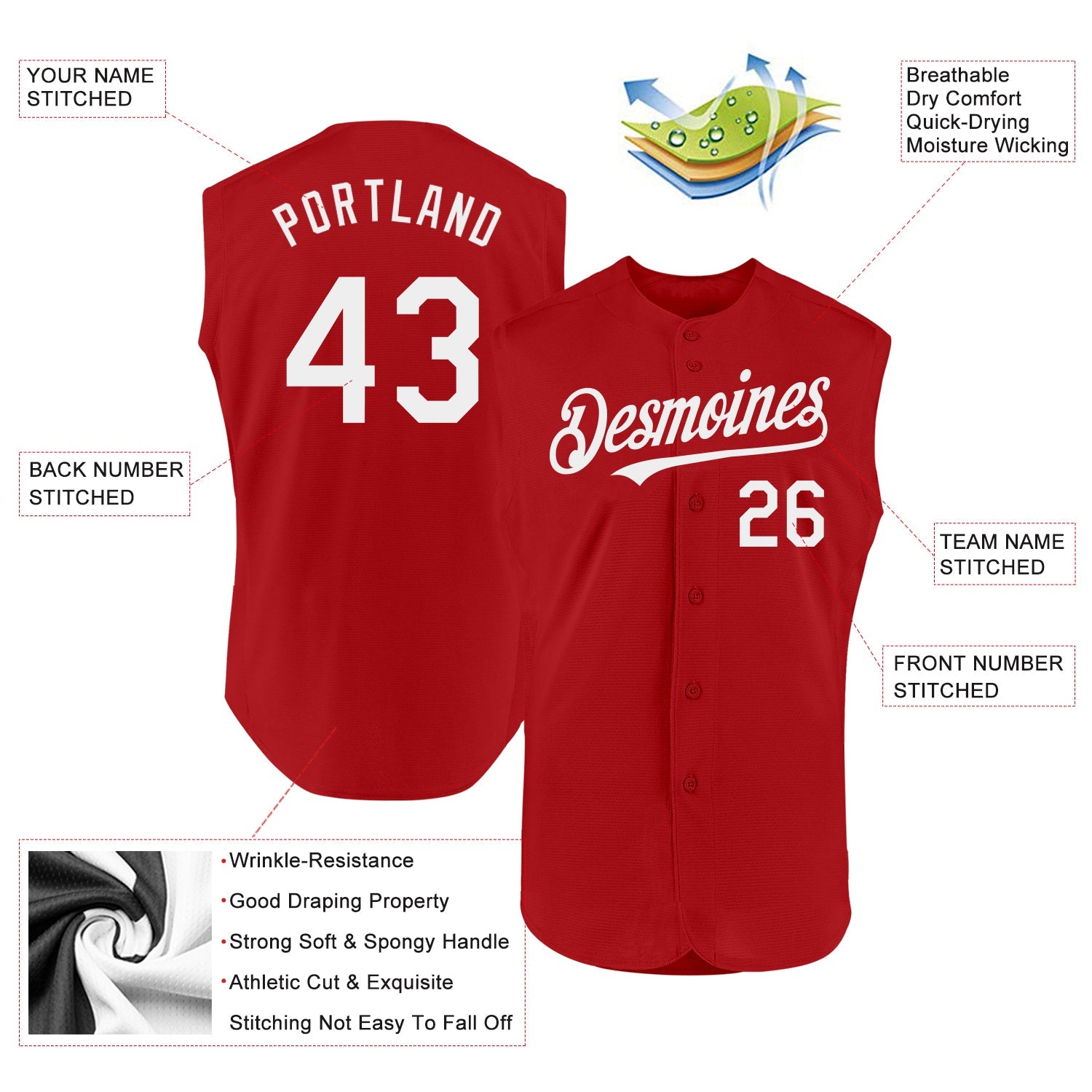 Custom Red White Authentic Sleeveless Baseball Jersey view 2