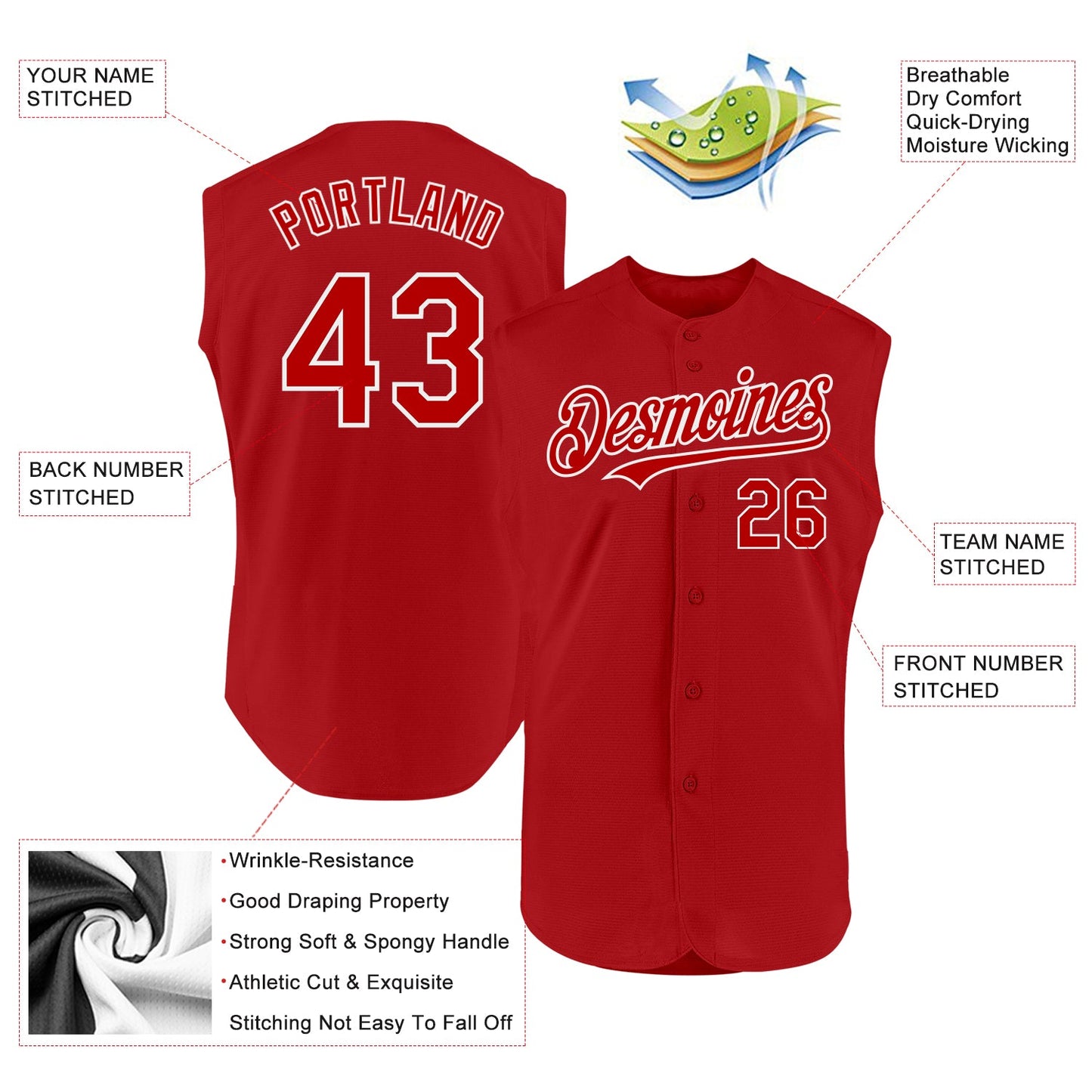 Custom Red White Authentic Sleeveless Baseball Jersey view 2
