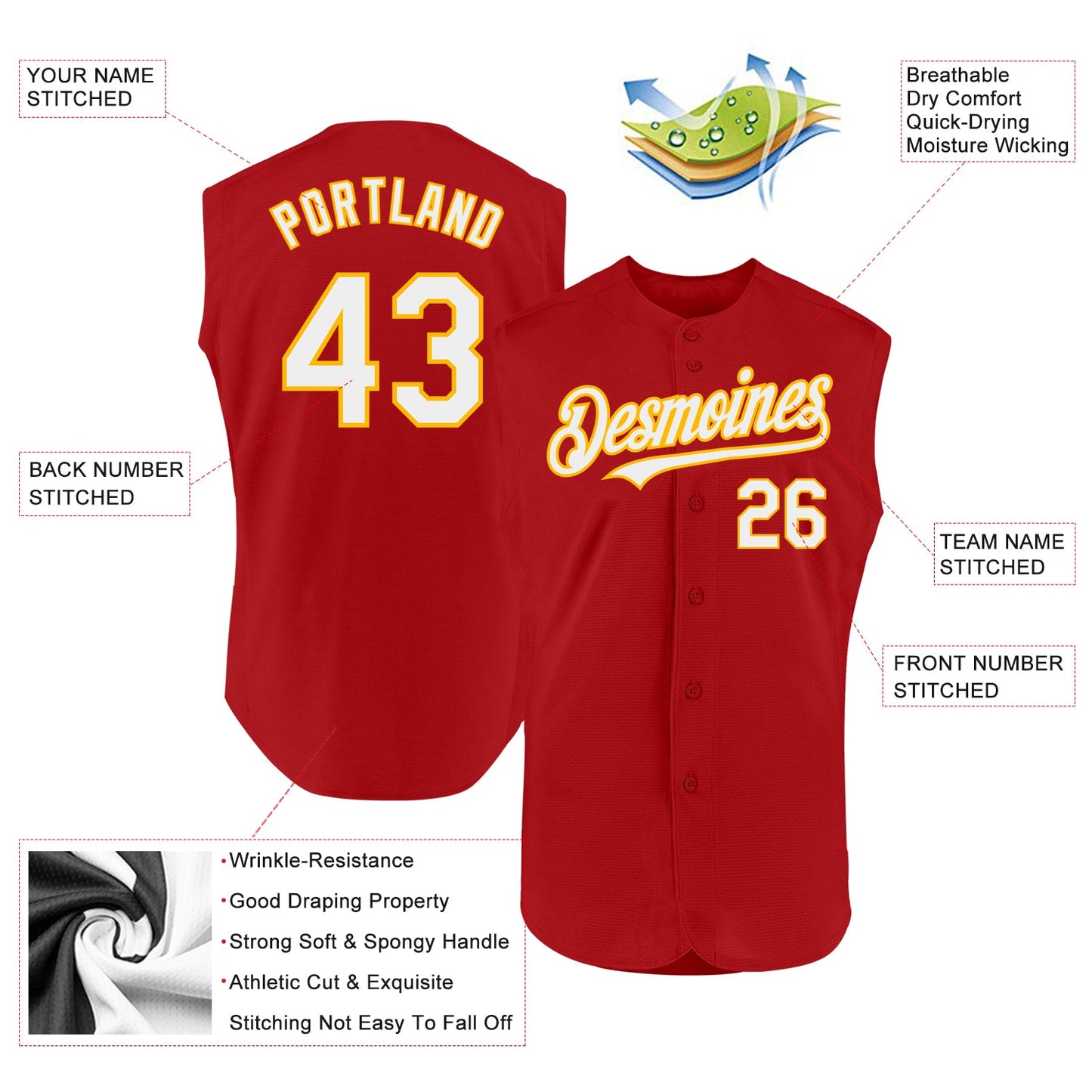 Custom Red White-Gold Authentic Sleeveless Baseball Jersey view 2