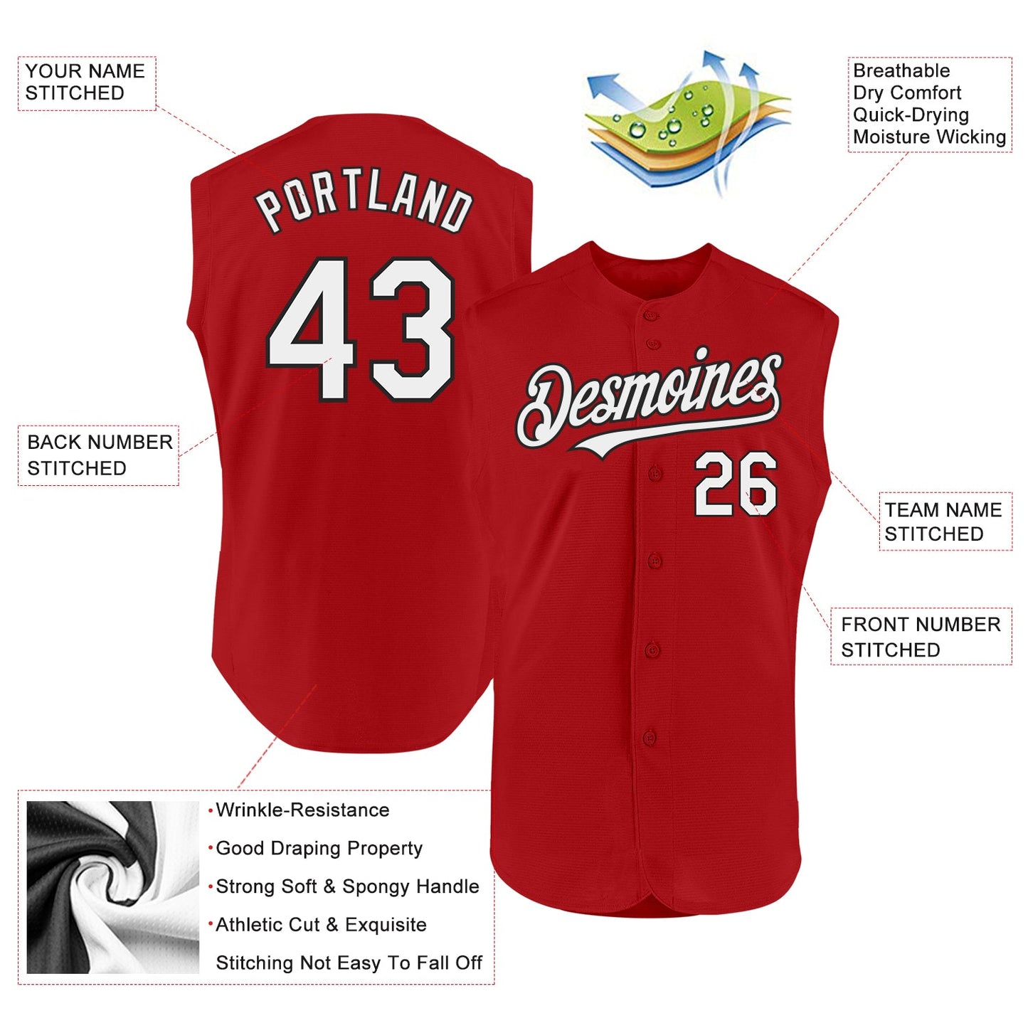 Custom Red White-Black Authentic Sleeveless Baseball Jersey view 2