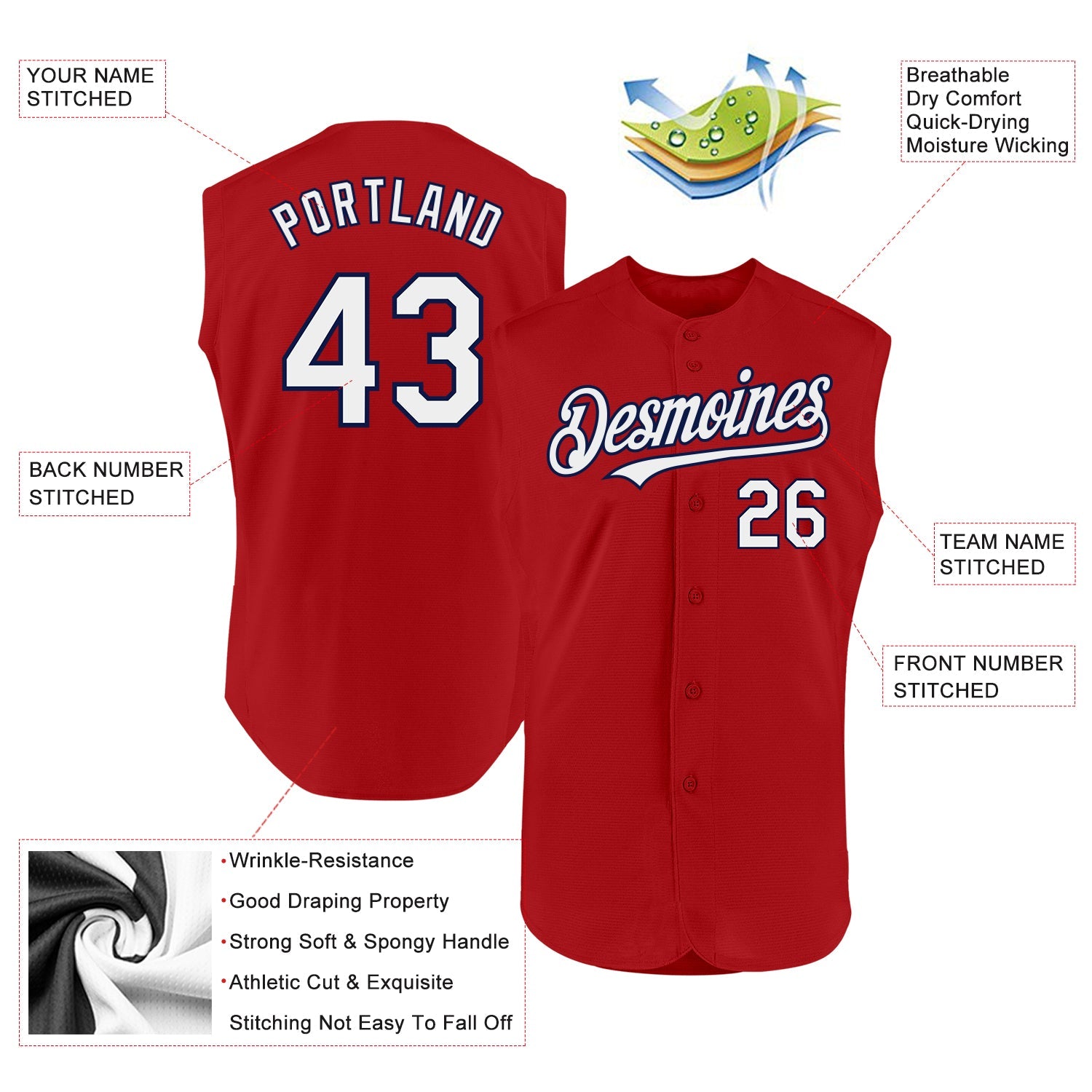 Custom Red White-Navy Authentic Sleeveless Baseball Jersey view 2