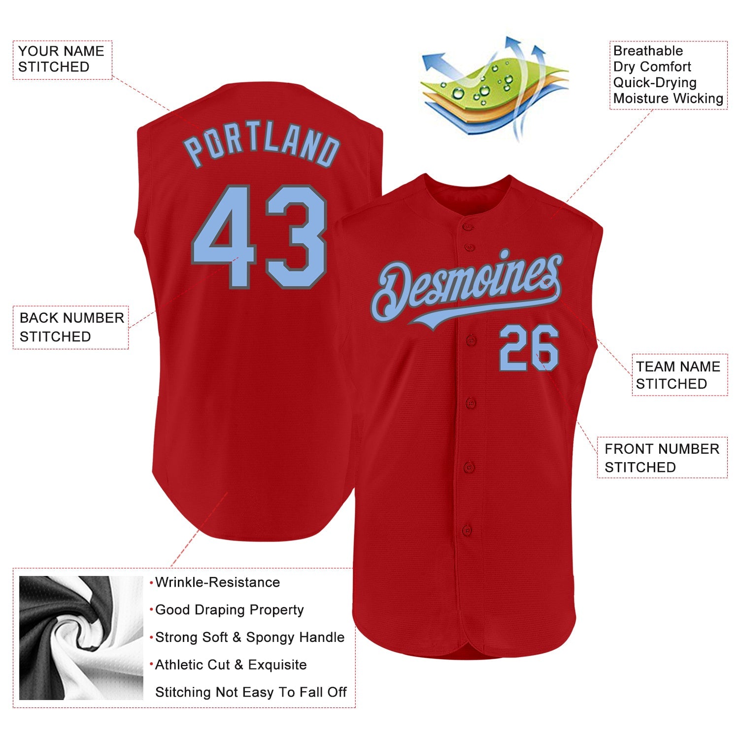 Custom Red Light Blue-Steel Gray Authentic Sleeveless Baseball Jersey view 2
