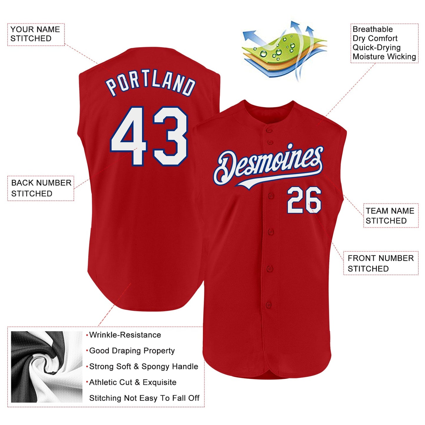 Custom Red White-Royal Authentic Sleeveless Baseball Jersey view 2