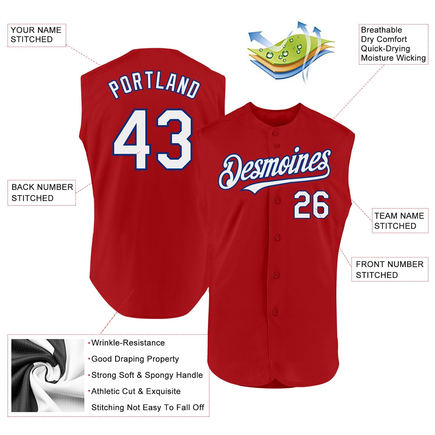 Custom Red White-Royal Authentic Sleeveless Baseball Jersey view 2