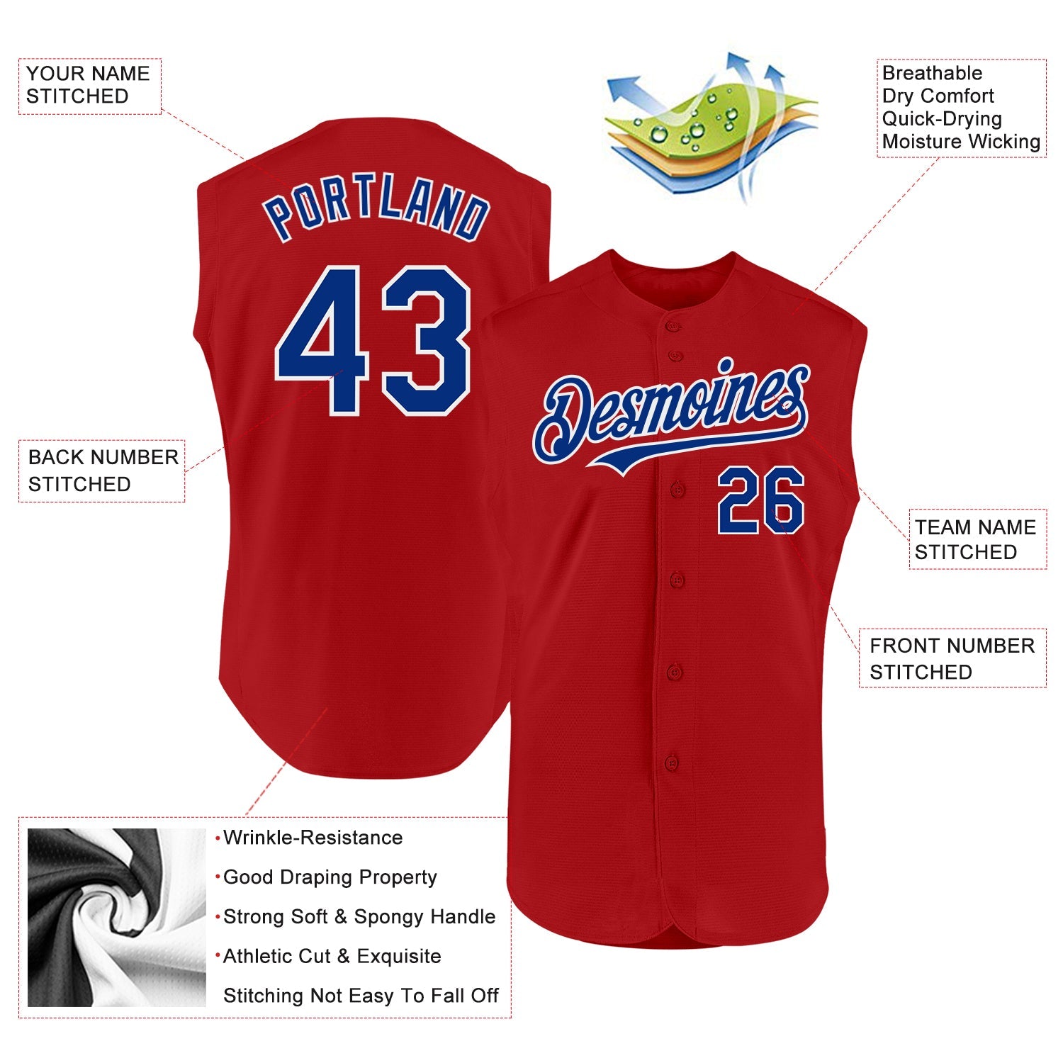Custom Red Royal-White Authentic Sleeveless Baseball Jersey view 2