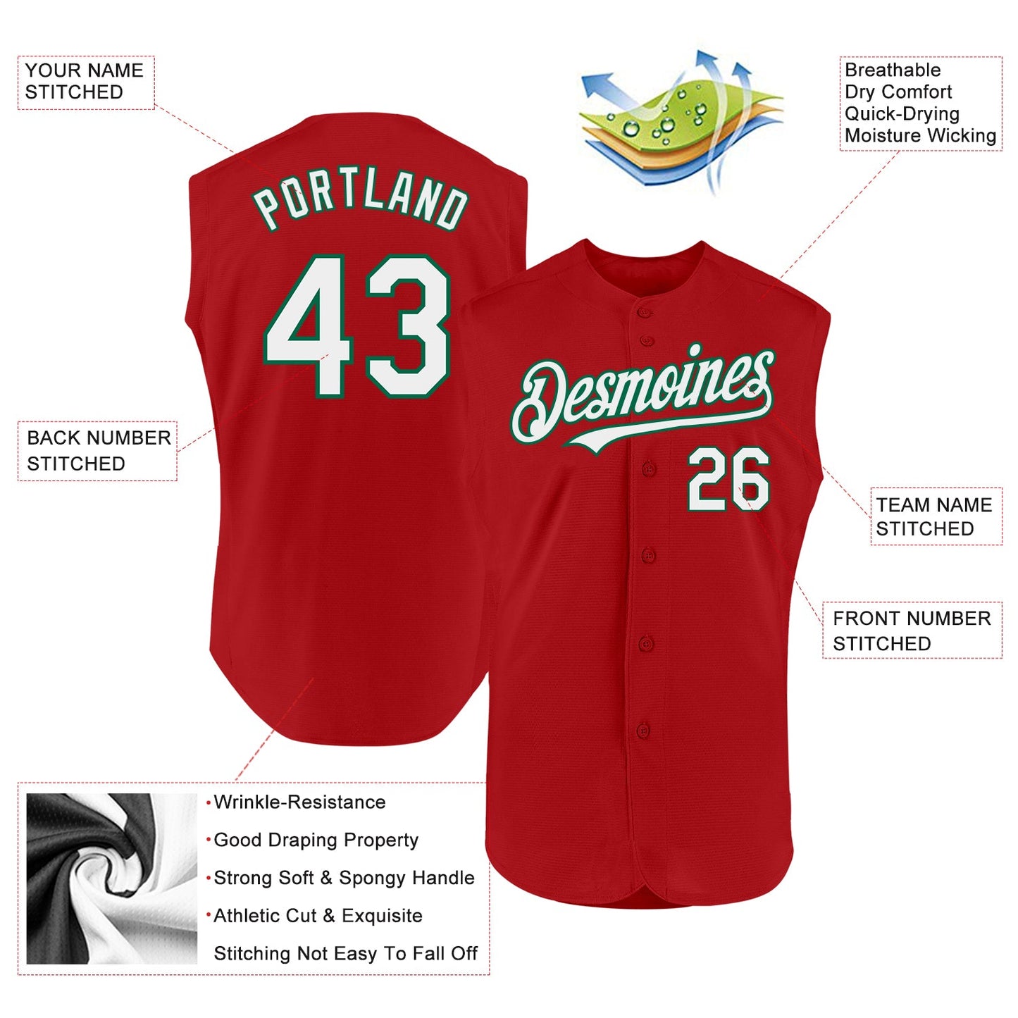 Custom Red White-Kelly Green Authentic Sleeveless Baseball Jersey view 2