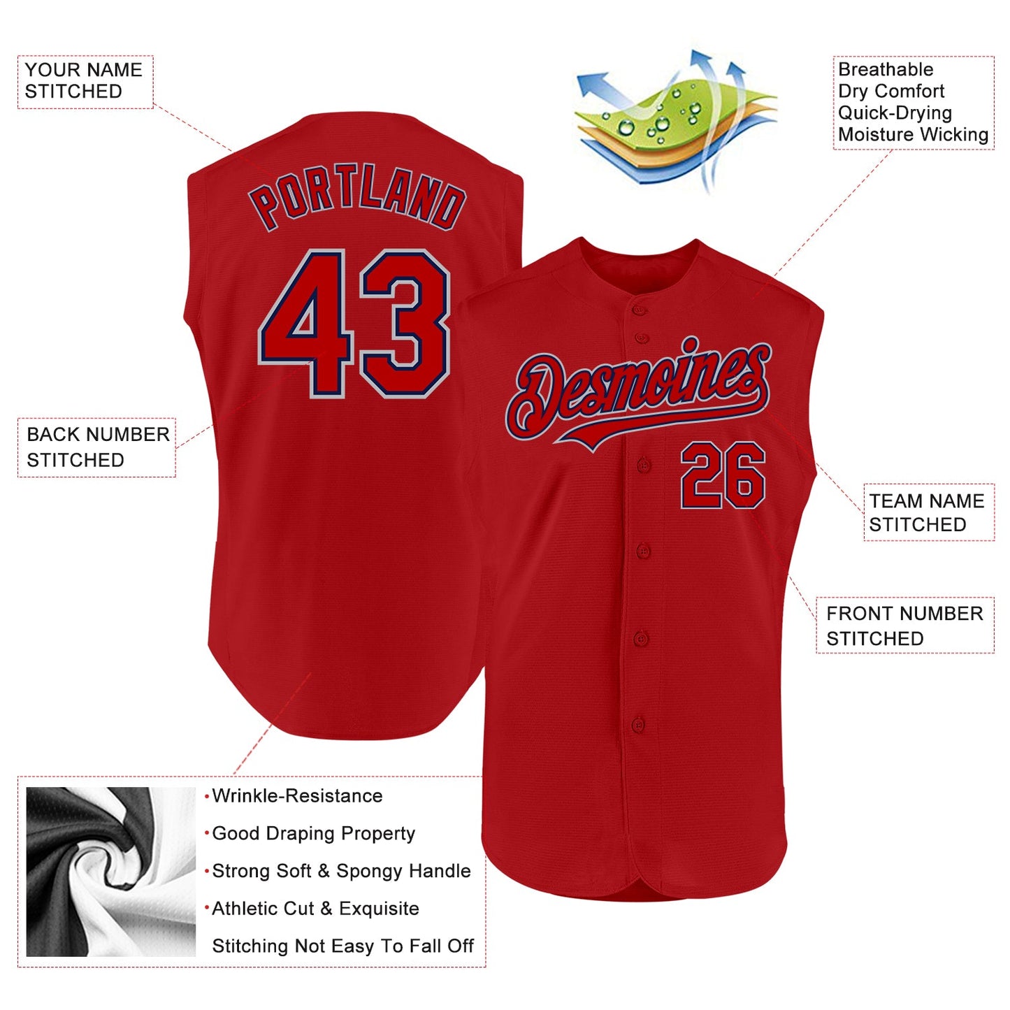 Custom Red Navy-Gray Authentic Sleeveless Baseball Jersey view 2