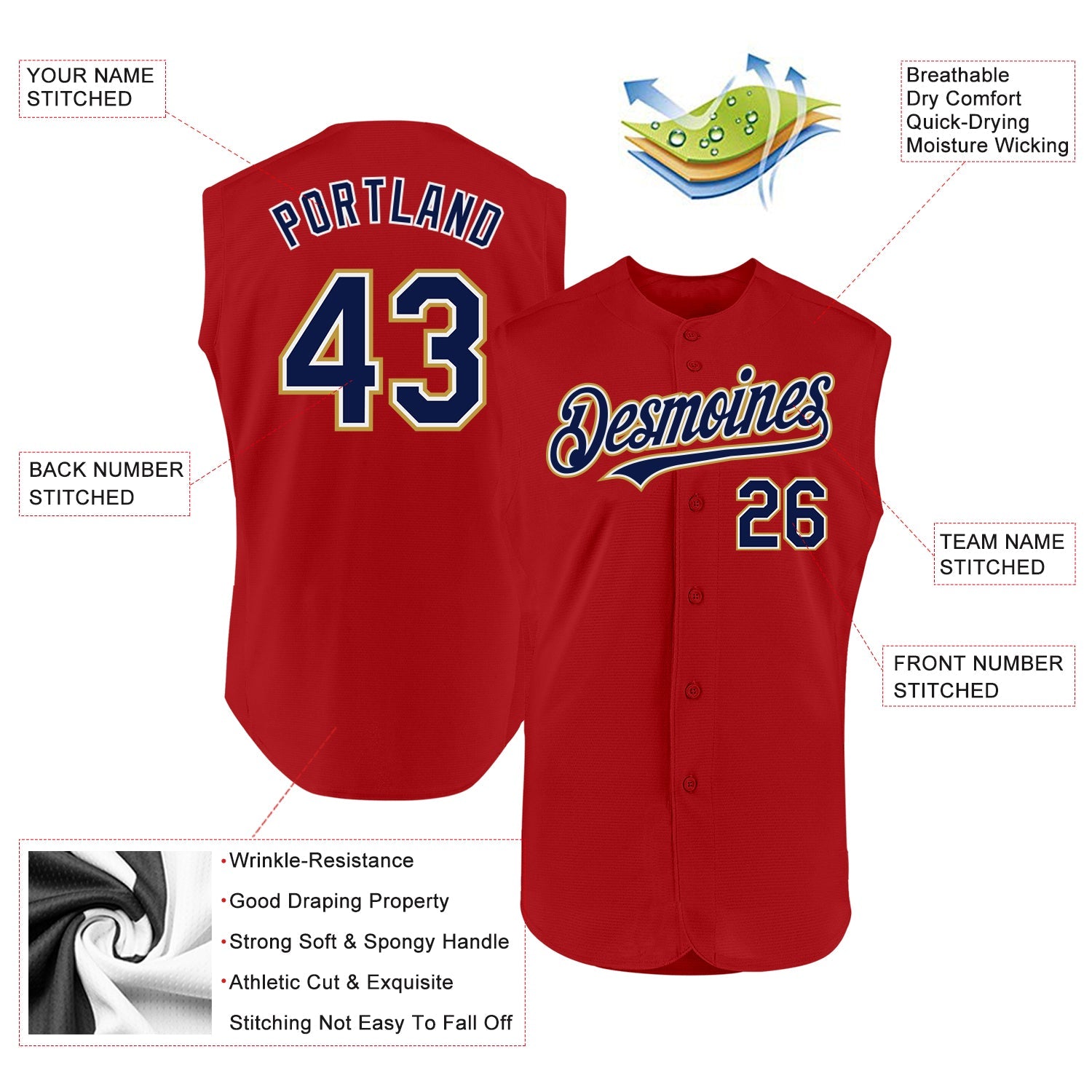 Custom Red Navy-Old Gold Authentic Sleeveless Baseball Jersey view 2