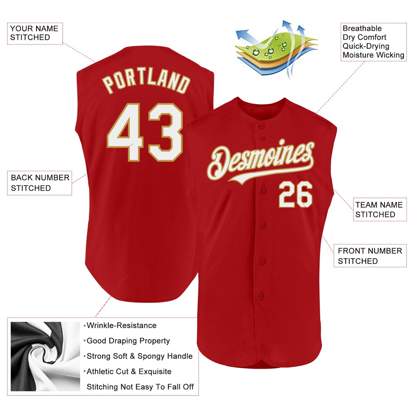 Custom Red White-Old Gold Authentic Sleeveless Baseball Jersey view 2