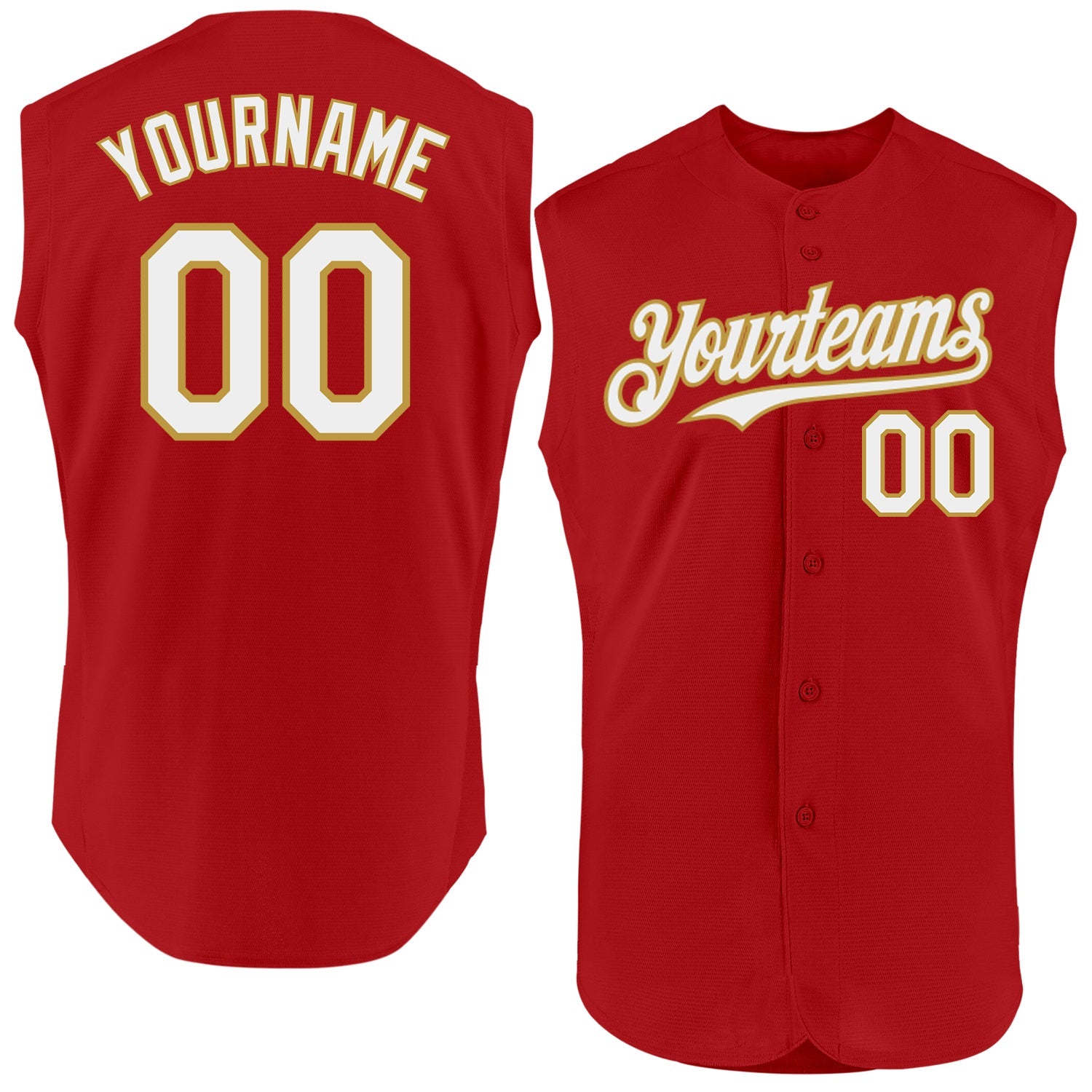 Custom Red White-Old Gold Authentic Sleeveless Baseball Jersey - Main View