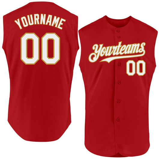 Custom Red White-Old Gold Authentic Sleeveless Baseball Jersey - Main View
