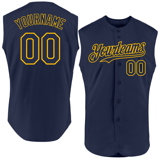 Custom Navy Gold Authentic Sleeveless Baseball Jersey - Main View