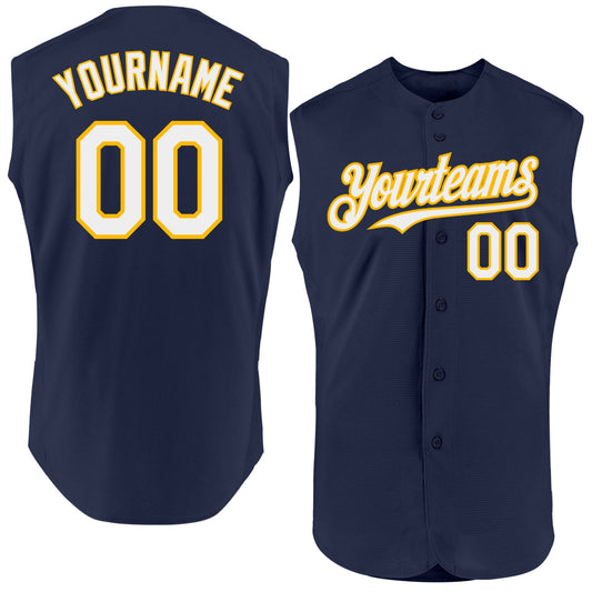 Custom Navy White-Gold Authentic Sleeveless Baseball Jersey - Main View