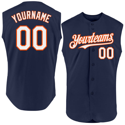 Custom Navy White-Orange Authentic Sleeveless Baseball Jersey - Main View