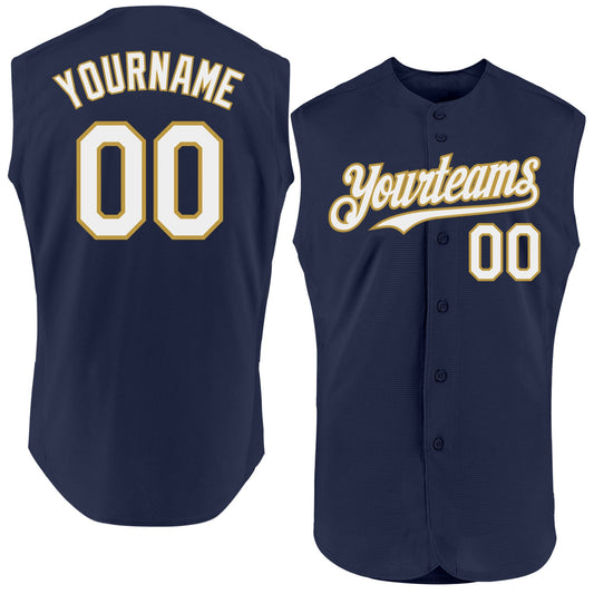 Custom Navy White-Old Gold Authentic Sleeveless Baseball Jersey - Main View