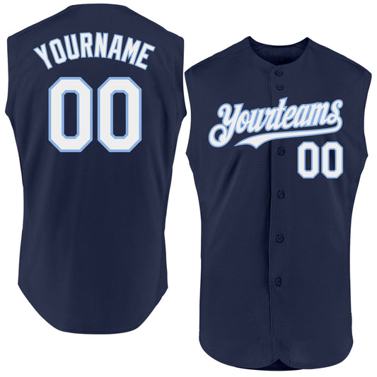 Custom Navy White-Light Blue Authentic Sleeveless Baseball Jersey - Main View