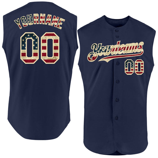 Custom Navy Vintage USA Flag-Cream Authentic Sleeveless Baseball Jersey - Main View