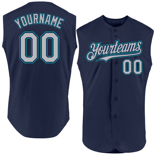 Custom Navy Gray-Teal Authentic Sleeveless Baseball Jersey - Main View