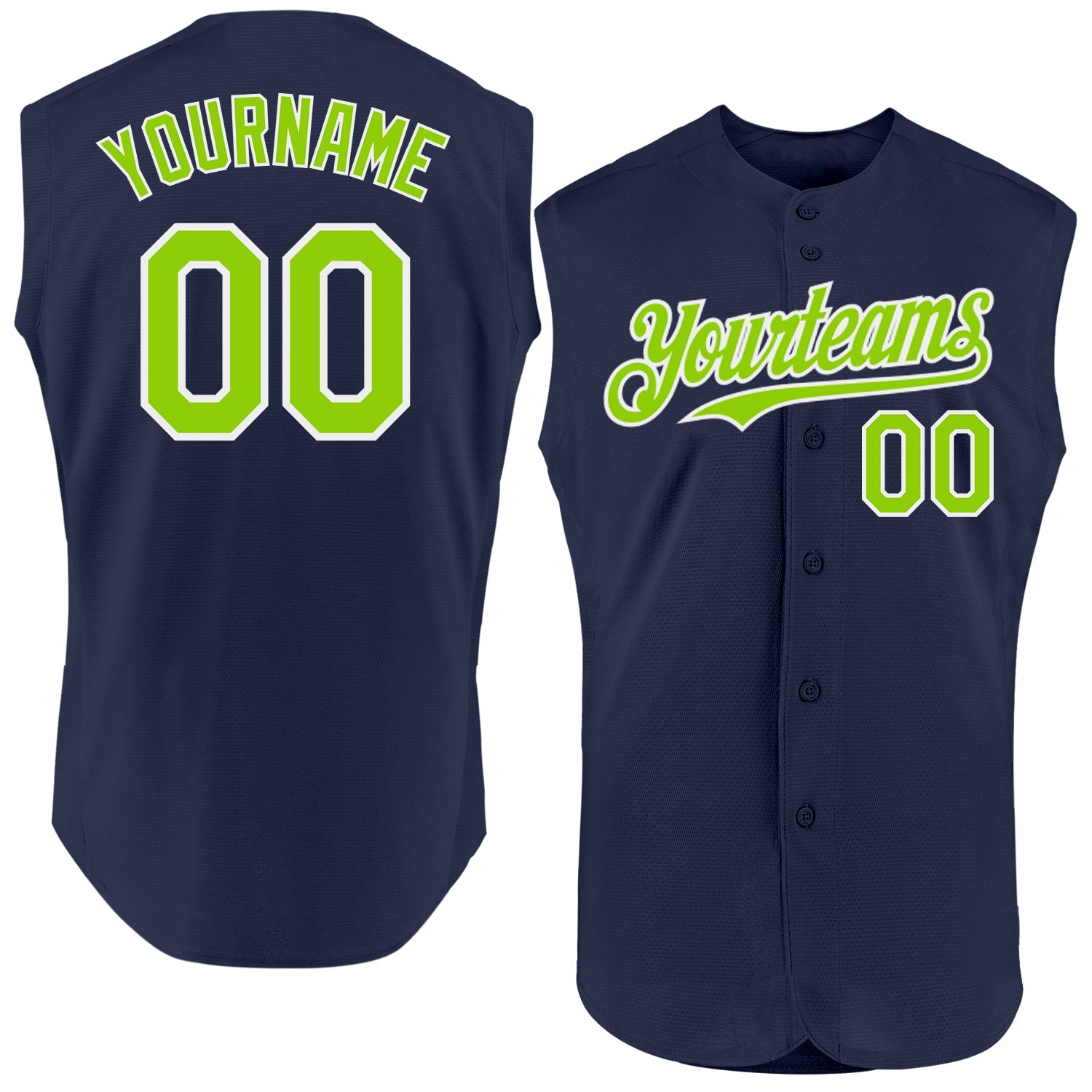 Custom Navy Neon Green-White Authentic Sleeveless Baseball Jersey - Main View