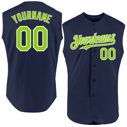 Custom Navy Neon Green-White Authentic Sleeveless Baseball Jersey - Main View