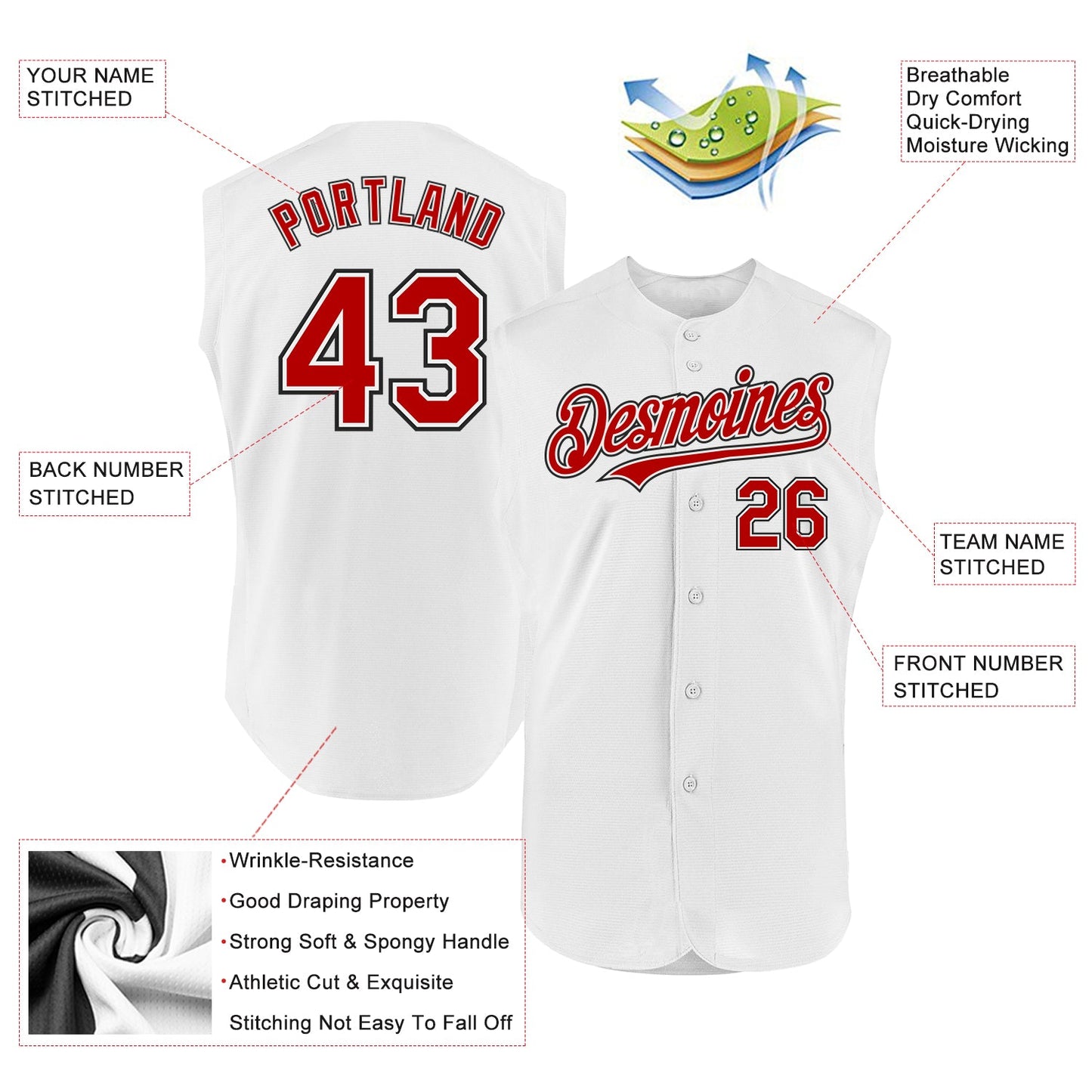 Custom White Red-Black Authentic Sleeveless Baseball Jersey view 2